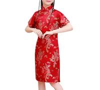 Robe chinoise Cheongsam à manches courtes et col montant avec boucle plaquée pour le Nouvel An, robes de vacances pour bébé fille (rouge, 9-10 ans)
