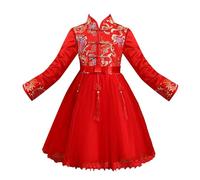 Robe chinoise en tulle rouge pour filles - Jolie broderie - Robe plissée traditionnelle pour le Nouvel An - Manches longues - Pour mariage, concours de beauté, anniversaire, Rouge, 9-10 ans