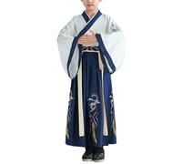 Robe Chinoise Enfant Hanfuu Costume Chinois Fille Garçon Robe Chinoise Traditionnelle Ancienne Déguisement Carnaval Cosplay Tenue Scène Arts Martiaux Ensemble Chemise et Jupe (h-Blue, 9-10 Years)