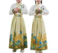 Robe Chinoise Enfant Hanfuu Costume Chinois Fille Garçon Robe Chinoise Traditionnelle Ancienne Déguisement Carnaval Cosplay Tenue Scène Arts Martiaux Ensemble Chemise et Jupe (f-Green, 11-12 Years)