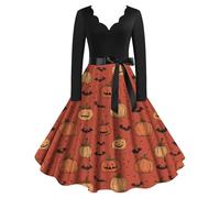 Robe citrouille d'Halloween pour femme, petite robe midi tendance, à manches longues, robe décontractée imprimée, robes de danse en satin, costumes d'Halloween, Orange, M