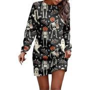 Robe Citrouille Femme Imprimé Sanglant Robe de Soirée Chic et Elegant Midi pour Cocktail Mariage Bal Promo Col Ronde Manches Courtes avec Ceinture Vacation Dress Costume Medieval (Noir #12, XXL)