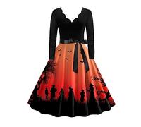 Robe Citrouille Femme Vintage Imprimé Dentelle Manches Courtes Grande Jupe Swing Chic Vêtements Deguisement Noël Femme Robe de Cocktail Pas Cher Pull Robe Femme Hiver Robe Medievale