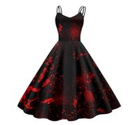Robe Citrouille Femme Vintage Imprimé Halloween Annees 50 Robe de Cocktail Bretelles Spaghetti Robes d'halloween Femme Couleur Sang Imprimé Grande Taille