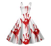 Robe Citrouille Femme Vintage Imprimé Halloween Annees 50 Robe de Cocktail Bretelles Spaghetti Robes d'halloween Femme Couleur Sang Imprimé Grande Taille