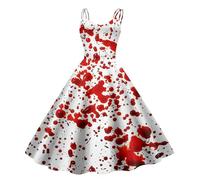 Robe Citrouille Femme Vintage Imprimé Halloween Annees 50 Robe de Cocktail Bretelles Spaghetti Robes d'halloween Femme Couleur Sang Imprimé Grande Taille