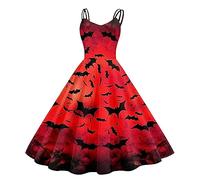 Robe Citrouille Femme Vintage ImpriméE Halloween 1950's Audrey Hepburn Bretelles Spaghetti Grande Jupe Swing Chic VêTements Deguisement Robe De Cocktail Pas Cher Robe Halloween Femme