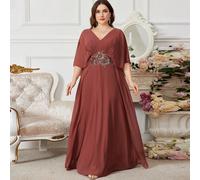 Robe cocktail en mousseline de soie UNITHORSE avec col V, manches chauve-souris, broderie avant et décor de perles. Robe de demoiselle d'honneur, robe de mariée, tenue pour anniversaire, robe de gradu