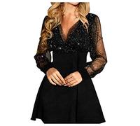 Robe Cocktail Femme Col en V- Robe Paillette Manches Longues Sexy Ligne A Couleurs Pures Casual Comfortable Chic Élégants Classiques Slim Respirante Basique Fête Banquet Dress Pas Cher