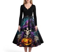 Robe Cocktail Femme Mariage,Robe Halloween Imprimé À Manches Longues pour Robe Longue Élégante À Col en V avec Ceinture Années 50S 60S Audrey Hepburn De Soirée(B-Cy1n,XL)