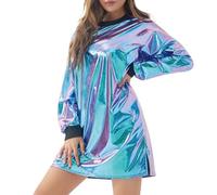 Robe Cocktail Femmes Cuir Verni à Blocs de Couleurs Courte Carnaval Costumes Robes Multicolore Long Sleeve Mode Round-Neck Casual pour Soirée Fête Bal Clubwear Grande Taille Sexy Dress