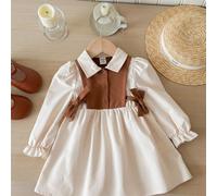 Robe col chemise à manches bouffantes style vintage abricot et marron pour bébé fille, convient pour les occasions extérieures, les fêtes et les vacances 6-9M,9-12M,12-18M,18-24M,2-3YBlocs de couleurT