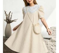 Robe col claudine élégante sur mesure pour filles, jupe évasée, en tissu jacquard bleu, doux et confortable, de haute qualité avec pochette, manches lanternes, convient pour le quotidien, les annivers