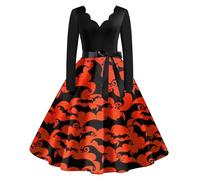Robe Col V Femme, Robe Cocktail Chic Et Elegant Deguisement Halloween Grande Taille Vintage à Manches Longues AnnéEs 1950 SoiréE Bal FêTe Cosplay ImpriméE éLéGante