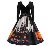 Robe Col V Femme Robe Moulante Manche Longue, Deguisement Halloween Sexy Diablesse TrapèZe A-Line Reine Gothique Swing Audrey Hepburn Rockabilly Pin Up AnnéEs 58