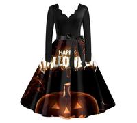 Robe Col V Femme Robe Style Audrey Hepburn, Deguisement Halloween Sexy Diablesse Manches Longues Vintage A-Ligne Imprimé Sanguinolent CeinturéE pour SoiréE Cocktail BalançAnte De FêTe