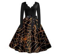 Robe Col V Femme, Robe Vintage Audrey Hepburn Deguisement Halloween Sexy Diablesse CrâNe Imprimé AnnéE 60 Manches Longues Rockabilly Elegante TrapèZe Swing Bal FêTe CéRéMonie
