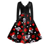 Robe Col V Femme, Robe Vintage Audrey Hepburn Deguisement Halloween Sexy Diablesse CrâNe Imprimé AnnéE 60 Manches Longues Rockabilly Elegante TrapèZe Swing Bal FêTe CéRéMonie