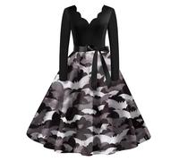 Robe Col V Femme Robe Vintage Audrey Hepburn, Deguisement Halloween Sexy Diablesse CrâNe Imprimé AnnéE 62 Manches Longues Rockabilly Elegante TrapèZe Swing Bal FêTe CéRéMonie