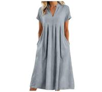 Robe Coton et Lin pour Femme Été Fluide Manche Courte Chic et Elegant Robes avec Poches Décontractée Grande Taille Robes Couleur Unie Respirant D'été Boheme Vacances à la Plage (Zq1-Light Gray, L)