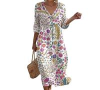 Robe Coton Lin Pour Femme Été Fluide Manche 7/8 Chic Et Elegant Robes Col V Décontractée Grande Taille Vêtement Femme Tunique Ample Imprimé Robe De Plage Bohème Légère Respirant Vacances Maxi Dress