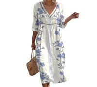Robe Coton Lin Pour Femme Été Fluide Manche 7/8 Chic Et Elegant Robes Col V Décontractée Grande Taille Vêtement Femme Tunique Ample Imprimé Robe De Plage Bohème Légère Respirant Vacances Maxi Dress