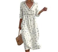 Robe Coton Lin Pour Femme Été Fluide Manche 7/8 Chic Et Elegant Robes Col V Décontractée Grande Taille Vêtement Femme Tunique Ample Imprimé Robe De Plage Bohème Légère Respirant Vacances Maxi Dress