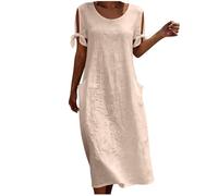 Robe Coton Lin pour Femme Été Fluide Manche Courte Chic et Elegant Robes Col V Décontractée Grande Taille Robes Couleur Unie Respirant Fendu Lien Noué D'été Boheme de Plage Vacances Maxi Dress