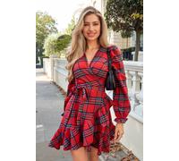 Robe courte à manches blouson avec poignets à volants carreaux Rouge S