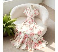 Robe courte à manches courtes, col en V et taille marquée, imprimé floral rose. Élégante pour le quotidien, les vacances, les trajets, la Saint-Valentin, le style de rue français, le vintage, les fête