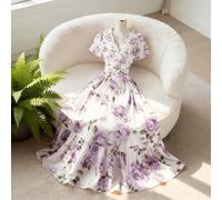 Robe courte à manches courtes, col en V et taille marquée, imprimé floral rose. Élégante pour le quotidien, les vacances, les déplacements, la Saint-Valentin, les sorties, le style de rue français, le