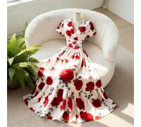 Robe courte à manches courtes, col en V et taille marquée, imprimé floral rose. Élégante pour le quotidien, les vacances, les déplacements, la Saint-Valentin, les sorties, le style de rue français, le