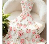 Robe courte à manches courtes, col en V, taille marquée et coupe évasée, avec imprimé floral de roses. Élégante pour le quotidien, les vacances, les trajets, la Saint-Valentin, le style de rue françai