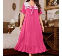 Robe courte à manches courtes pour femmes grandes tailles, style vintage romantique de palais français, patchwork de dentelle et de maille douce. Robe mi-longue confortable et décontractée 0XL,1XL,2XL