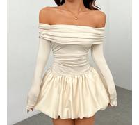 Robe courte à une épaule, manches longues, ourlet volant, pour le printemps et l'automne Petite XXS,Petite XS,Petite S,Petite M,Petite LUnicoloreTissu tricoté