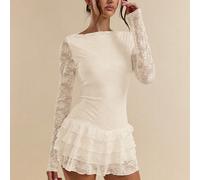 Robe courte à volants superposés avec garniture en dentelle florale, élégante pour les sorties, les soirées entre amis, les anniversaires, les fêtes de vacances, la Saint-Valentin. Robe courte sexy à 