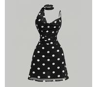 Robe courte ajustée à col bénitier avec ruban à pois, pour fête de jardin, vacances, brunch, noir et blanc à pois, été, romantique, style français, Paris, campagne, élégant L,M,S,XL,XS,XXSTout Imprimé