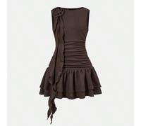 Robe courte ajustée sans manches à col rond plissé avec décoration florale 3D en dentelle ivoire élégante et décontractée pour jeune fille. Robe de princesse, pour le Nouvel An, la sortie de printemps