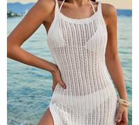 Robe courte de cache-maillot pour la plage en tricot ajouré avec décolleté en ras-du-cou et bretelles, parfaite pour les vacances L,M,SUnicoloreTricots