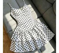 Robe courte d'été élégante à pois pour femmes, bretelles spaghetti, jupe à volants double couche, robe mini flatteuse pour la taille, ourlet en A, jupe à volants double couche, robe de vacances romant