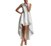 Robe Courte Devant Longue Derriere Femme en Coton et Lin sans Manches col Bateau Robe Femme Chic et Elegant Coupe Asymétrique et Évasée Casual Irregular Swing Dresses