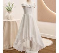 Robe courte devant longue derrière pour jeunes filles avec épaules dénudées, patchwork en dentelle et en mousseline, bretelles spaghetti. Convient pour mariage, bal, anniversaire, banquet, toutes sais