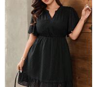 Robe courte élégante et digne ajustée à encolure en V et coupe évasée pour femmes grandes tailles (ceinture non incluse), été 0XL,1XL,2XL,3XL,4XLUnicoloreÉtoffe