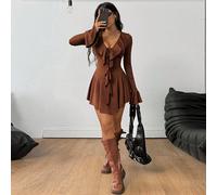 Robe courte élégante marron plissée avec décolleté en V, nœud devant et volants. Style western cowgirl Y2K pour femmes en été L,M,S,XSUnicoloreTissu tricoté