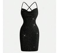 Robe courte en maille tricotée noire avec sequins, col bénitier et bretelles. Décontractée, simple et élégante. Convient pour la saison des mariages, les soirées, l'automne et l'hiver, les fêtes, le p