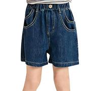 Robe courte en T pour fille avec bouton perlé - Short en jean taille haute pour filles et garçons - Short d'entraînement (bleu, 8 à 9 ans)