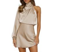 Robe Courte Femme à éPaules DéNudéEs- Robe Satin Sexy-Robe Soiree Manches Longues De Mode Classique Chic Et éLéGant Dress pour Femmes Casual RéTro Basique Slim Fit éVasé Robes pour FêTe Bal Cocktail