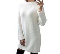 Robe Courte Femme Col Rond, Robe Ample Femme Hiver, Pull Polaire Women sans Capuche, Tricot Manches Longues Couleur Unie Haute éLasticité ÉLéGante Demi-Col Roulé Mini Tunique