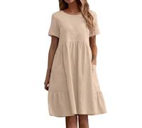 Robe Courte Femme-Robe en Coton Et Lin pour Femmes, Couleur Unie, Poches Amples, Col Rond, Manches Courtes
