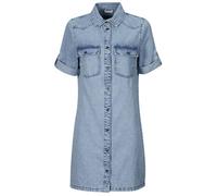 NOISY MAY Robe en Jean Midi à Manches Courtes pour Femme Col Chemise et Poches Poitrine, Couleurs:Bleu-Clair, Taille:XL